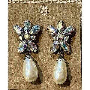 Y2K 90s Aurora Borealis Glass Flower Faux Pearl Drop Earrings Silver Tone